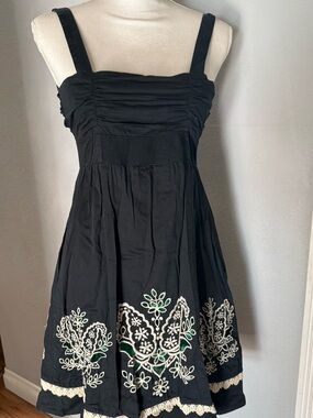Floreat Black Mini Dress with Cream Embroidery and Green Accents